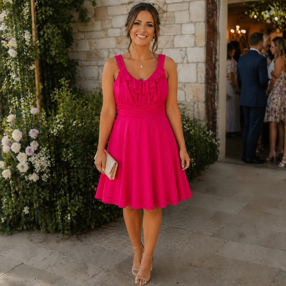 Davids Bridal Fuchsia Pink Ruffle‎ Neck Ruched Cocktail Dress 8 Wedding Bridal